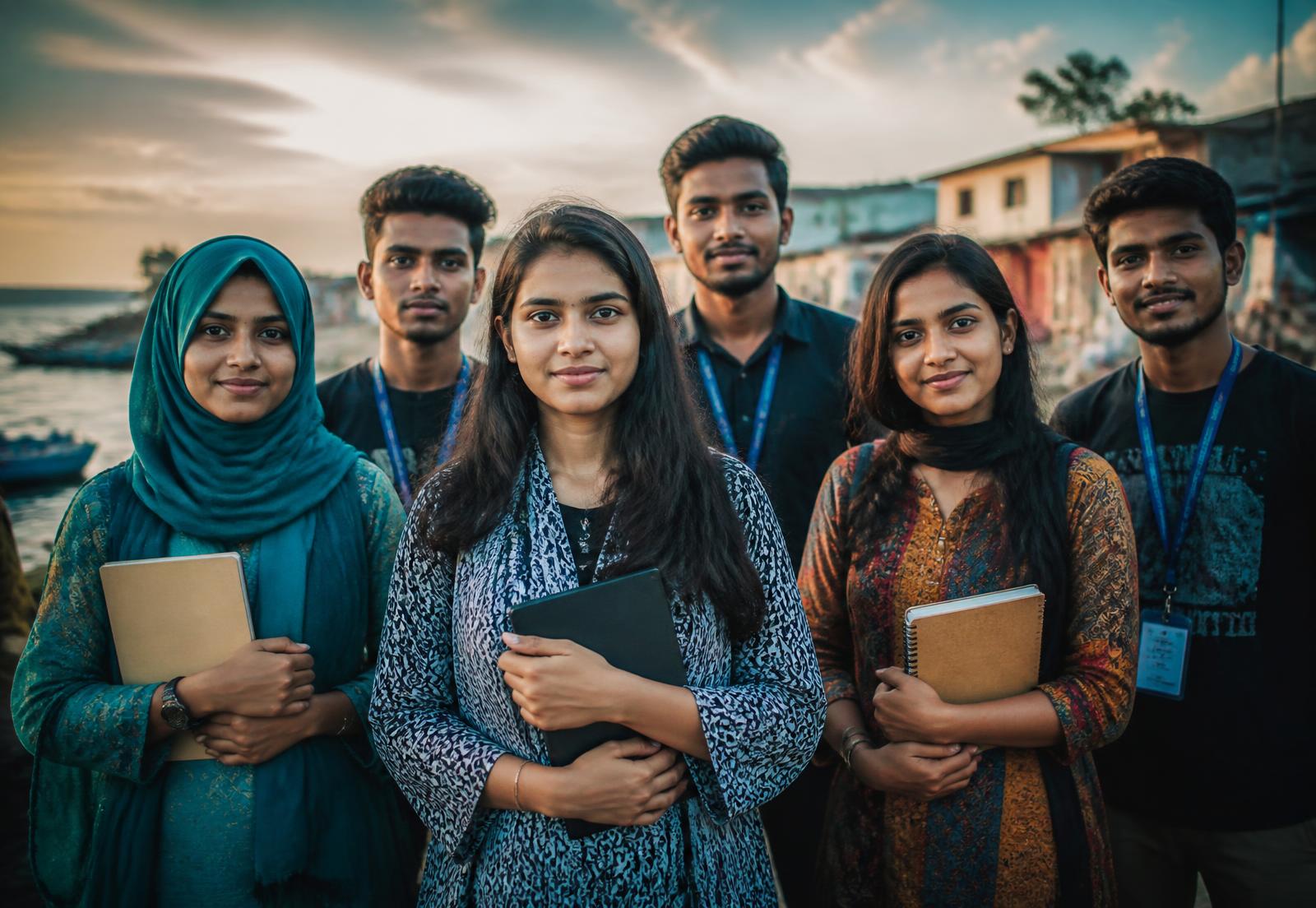 Young Bangladeshi volunteers and civic activists standing together at sunset